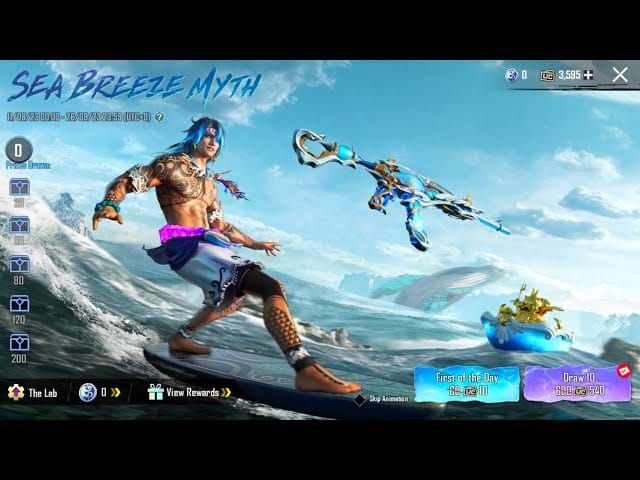 Событие "Морской бриз" в PUBG Mobile, показывающее скины оружия на морскую тематику и морские костюмы персонажей