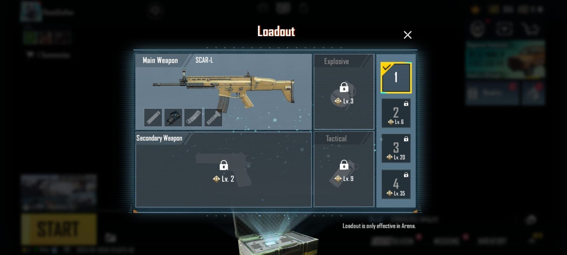 PUBG Mobile inventory showing professional M416 and Mini14 hybrid weapon loadout with attachments