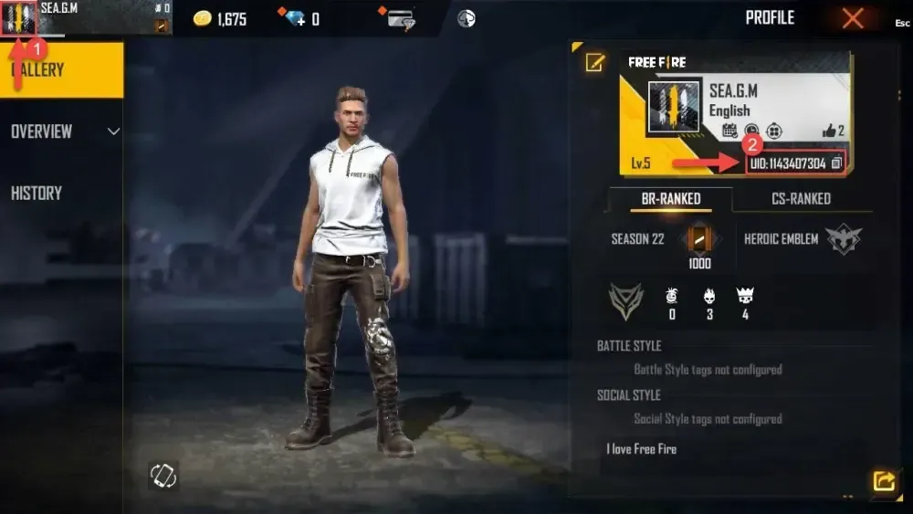 Главный экран Free Fire, показывающий расположение аватара и отображение ID игрока