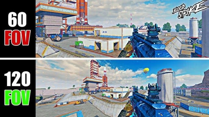 Сравнение геймплея Blood Strike, показывающее различные настройки FOV и их влияние на видимость цели