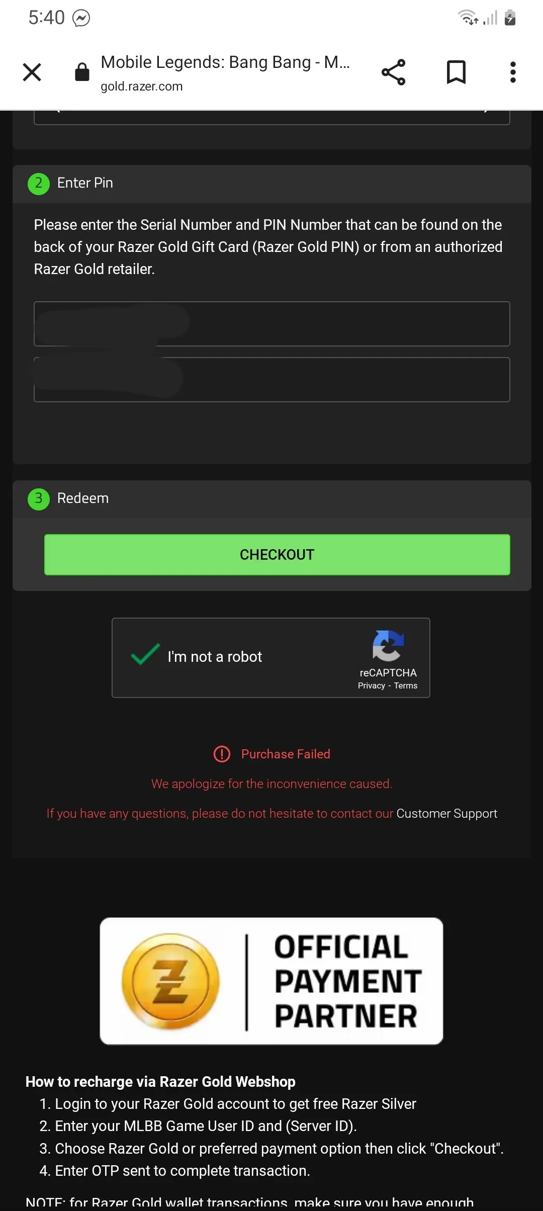 Game web shop payment screen accepting direct Razer Gold PIN entry