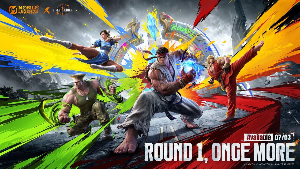 Официальный арт коллаборации MLBB x Street Fighter 6 (ROUND1) с Рю, Кеном, Чун-Ли и Гайлом