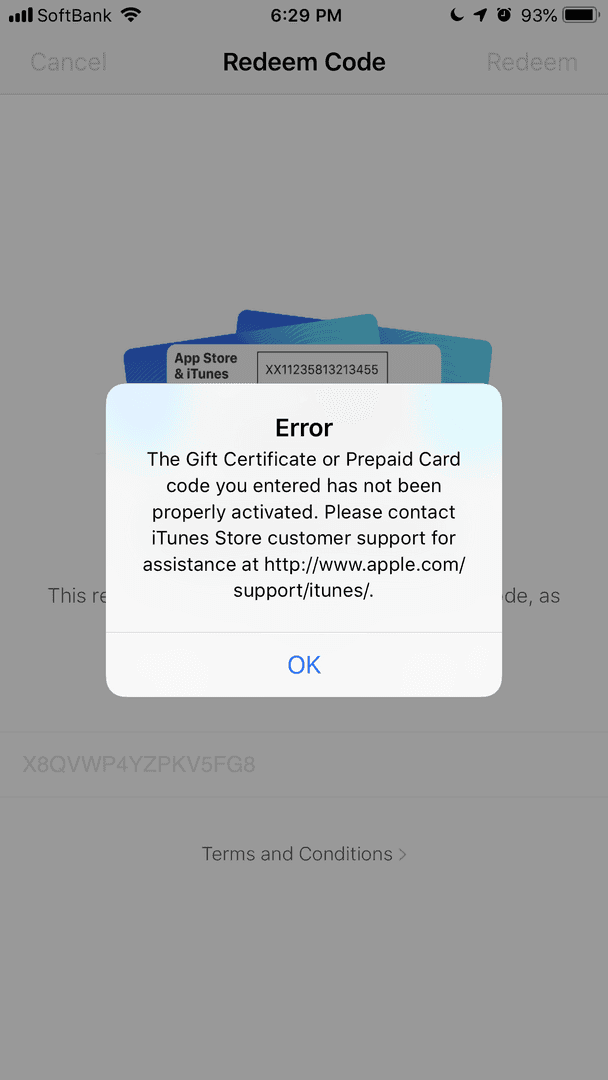 iPhone App Store error screenshot for region-locked Apple Gift Card