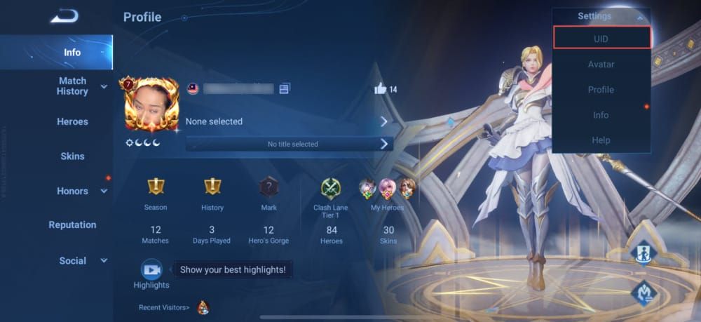 Honor of Kings profile interface screenshot with Character UID highlighted
