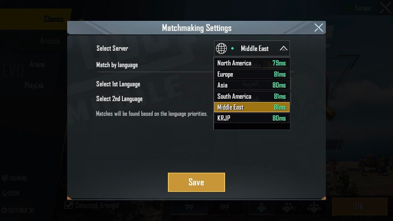 PUBG Mobile server selection interface showing different regional server options