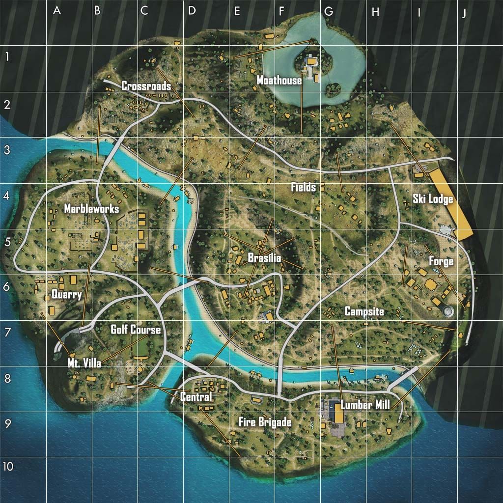 Карта Free Fire Пергатори с выделенными открытыми зонами для тактики против Морса