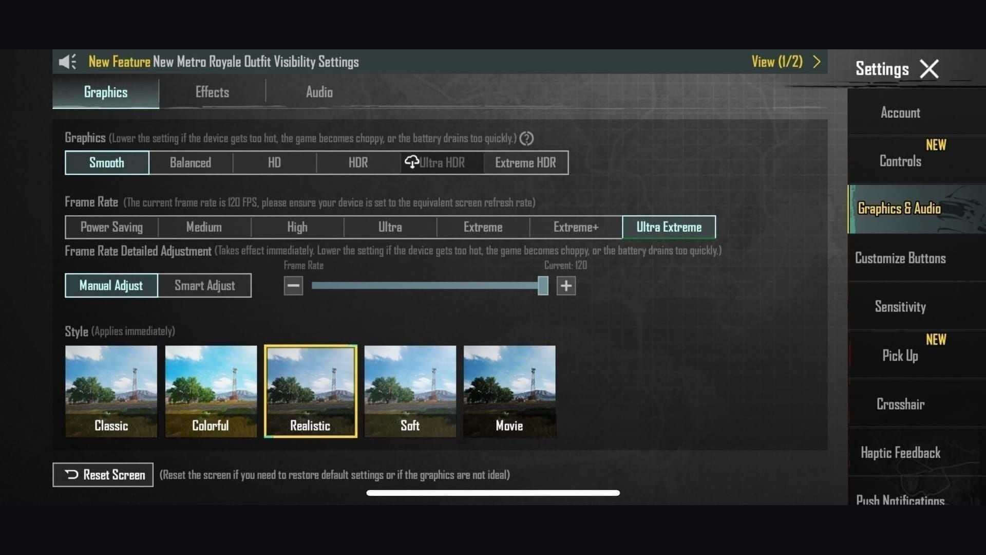 PUBG Mobile 120 FPS settings with Smooth graphics and Ultra Extreme selected