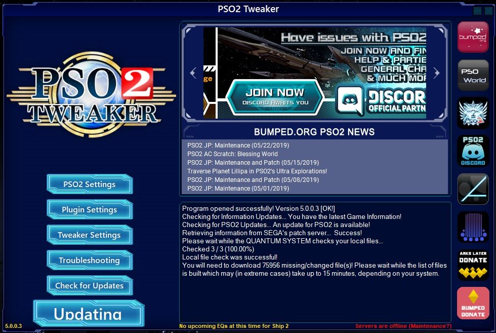 Панель настроек лаунчера PSO2 Tweaker в Windows