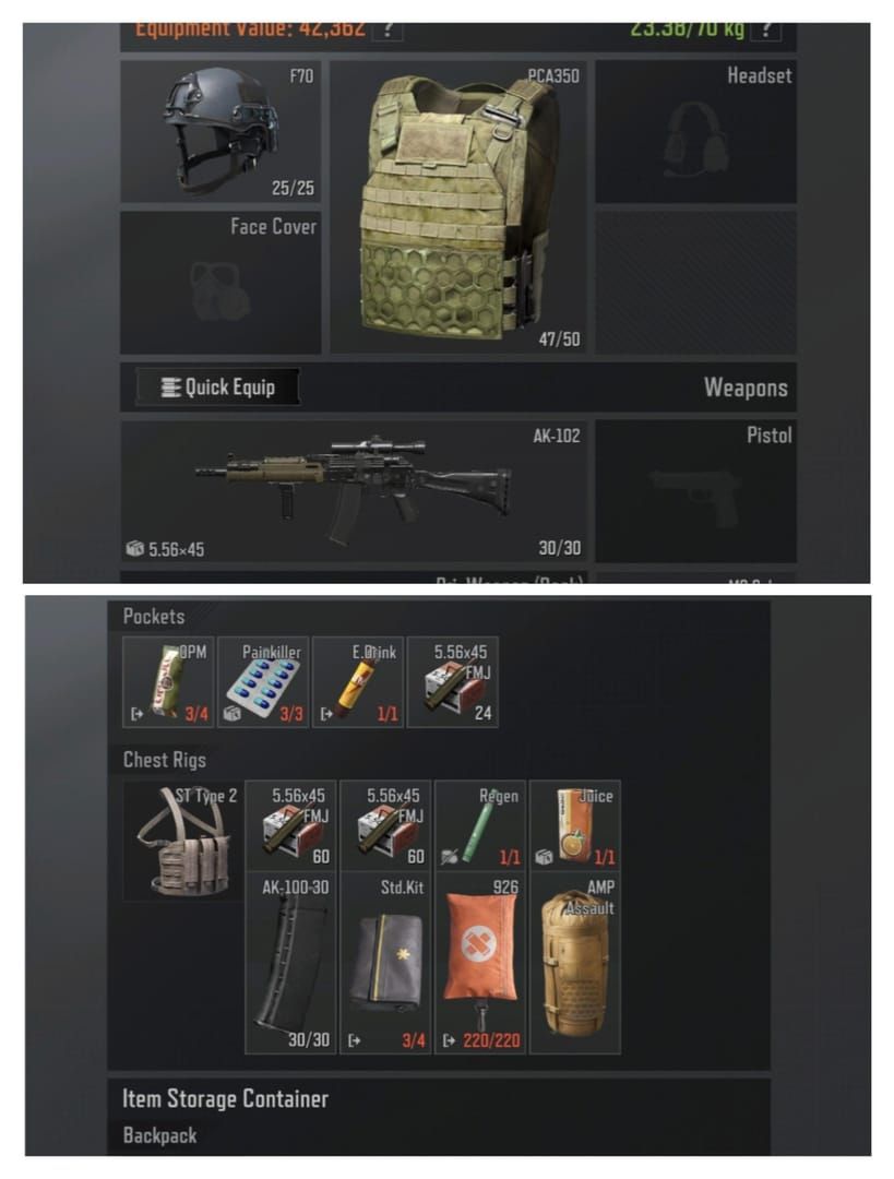 Скриншот бюджетного снаряжения в Arena Breakout Mobile с АКМ, пистолетом ПМ и жилетом 2-го класса для фарма события