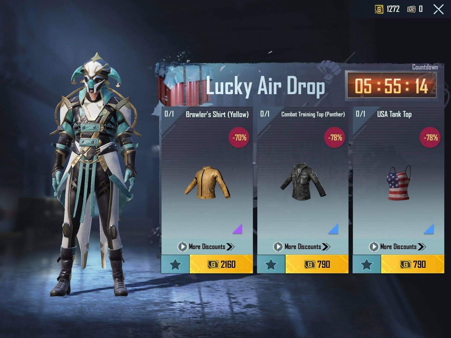 Интерфейс магазина PUBG Mobile с Lucky Airdrop в золотой рамке и таймером скидки