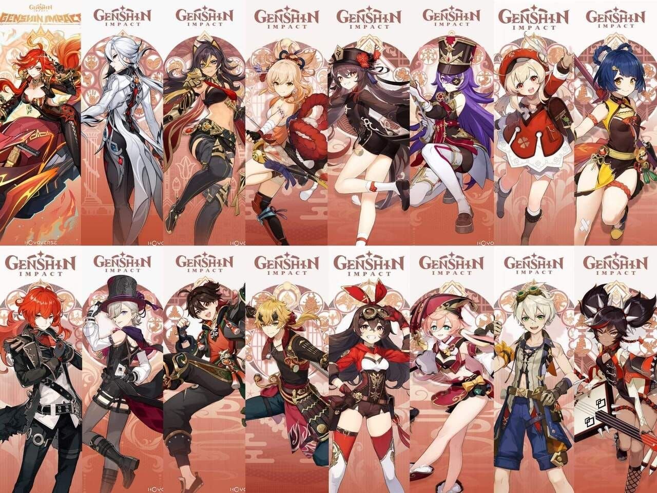 Genshin Impact Pyro Vision characters including Hu Tao, Klee, and Diluc representing passionate personality types