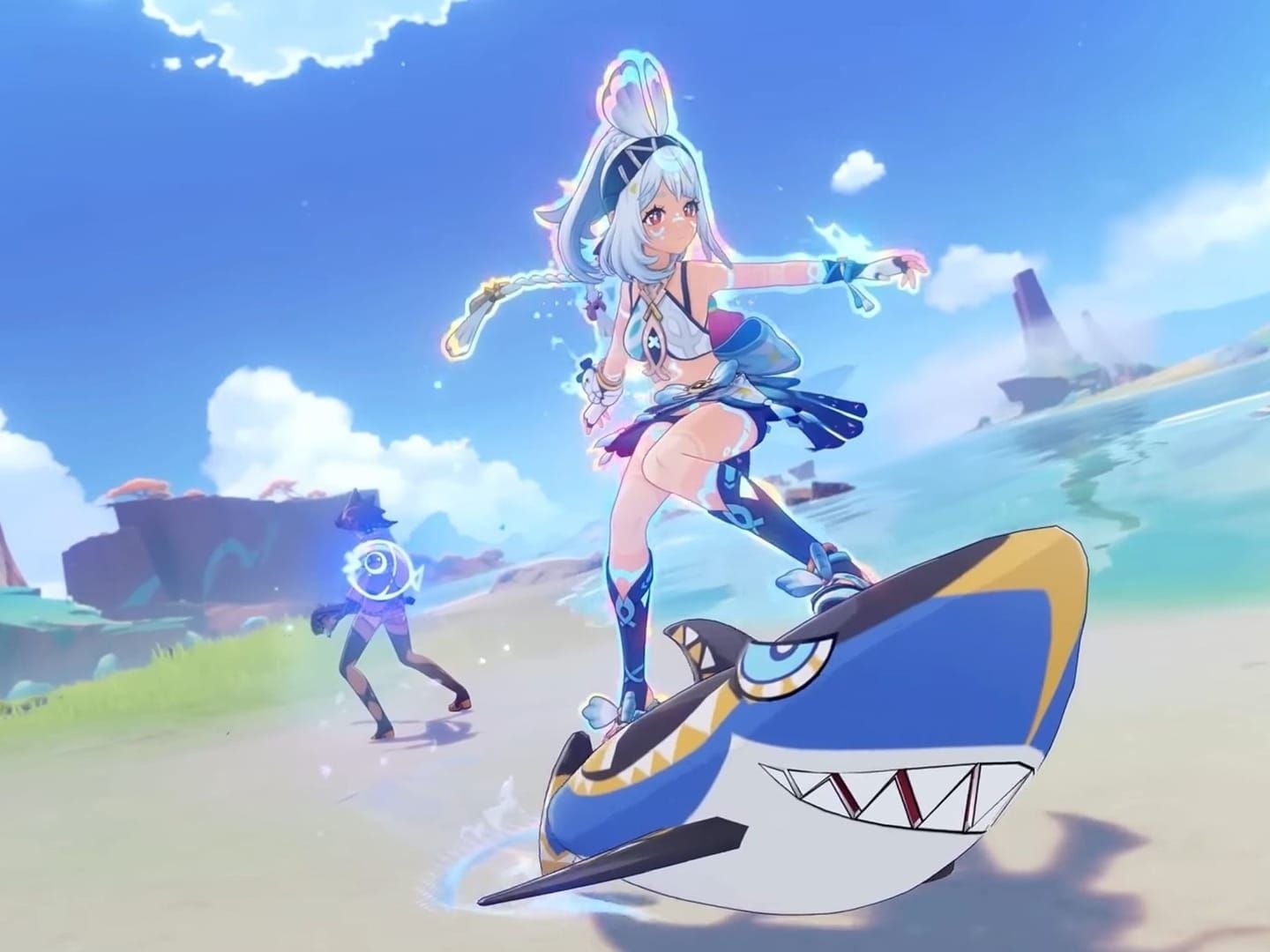 Screenshot of Mualani surfing on Natlan magma stream with active Nightsoul's Blessing
