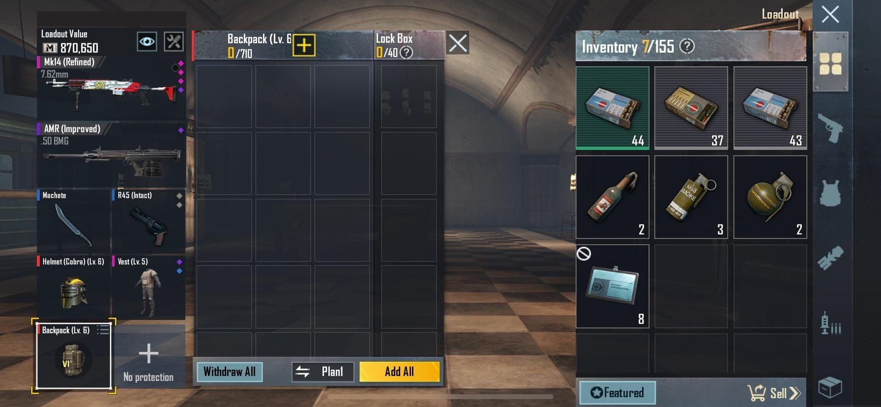 PUBG Mobile Metro Royale interface showing loadout screen with Metro Cash values