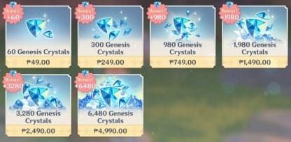Genesis Crystals pricing chart showing Korean Won prices and bonus crystals