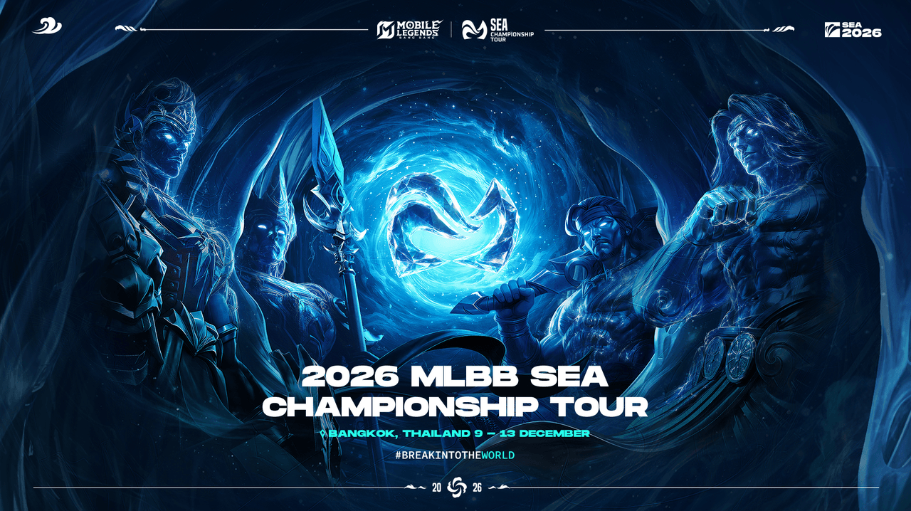 Официальный арт чемпионата MLBB SEA Championship Tour 2026 в Бангкоке, который пройдет 9–13 декабря