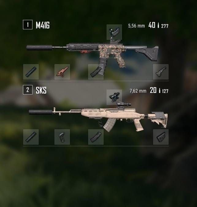 Optimal PUBG Mobile loadout showing M416 and Mini14 weapon combination with range effectiveness zones