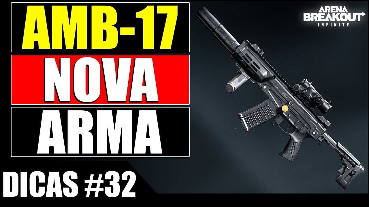 Внутриигровой скриншот мета-сборки AMB-17 4-го сезона Arena Breakout Mobile с глушителем, цевьем и модулями