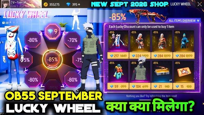 Free Fire Mystery Shop discount wheel displaying up to 90 percent off bundles