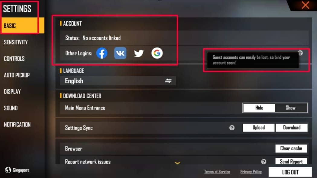 Скриншот настроек Free Fire с подключенными социальными сетями