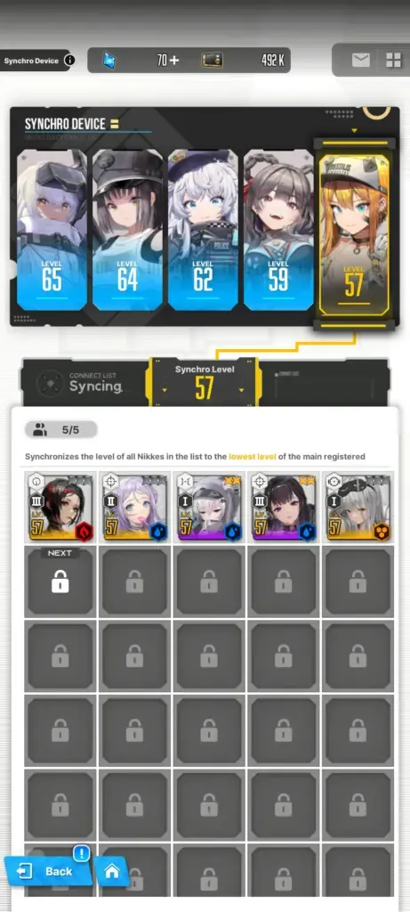 Nikke Synchro Device showing five top-level characters