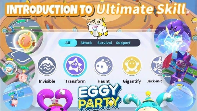 Eggy Party Invincible Lv6 and Gigantify Lv14 skill icons for Noel Map F2P build