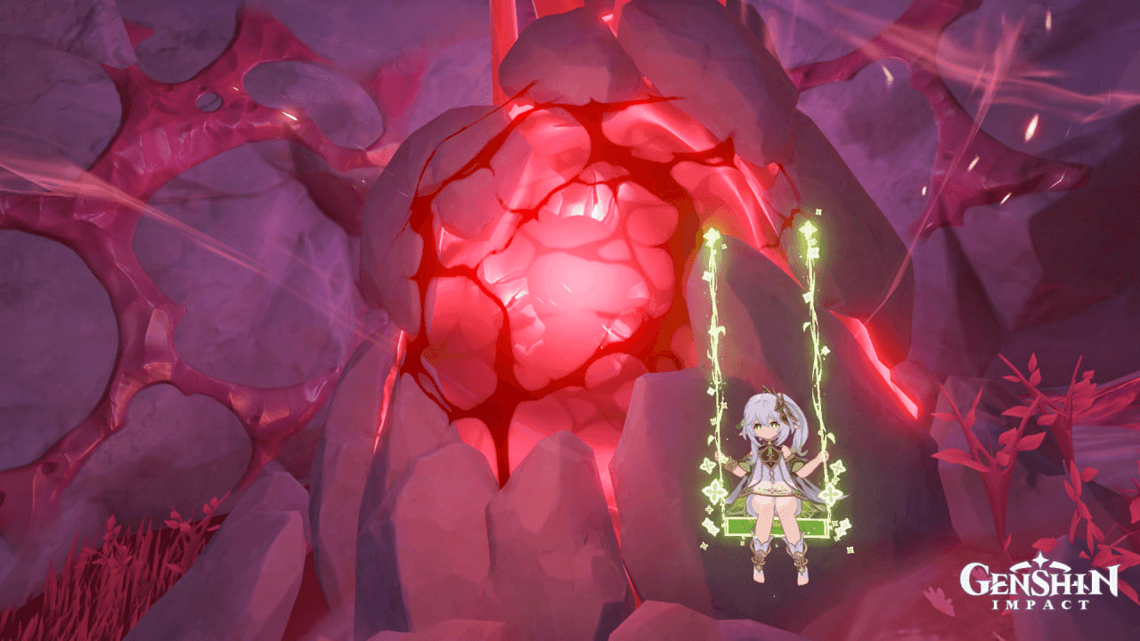 Durin's massive beating heart in the underground chamber of Dragonspine in Genshin Impact