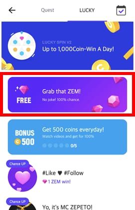 Экран заданий ZEPETO с квестами, приносящими ZEM, включая Candy Slime и ежедневную рекламу