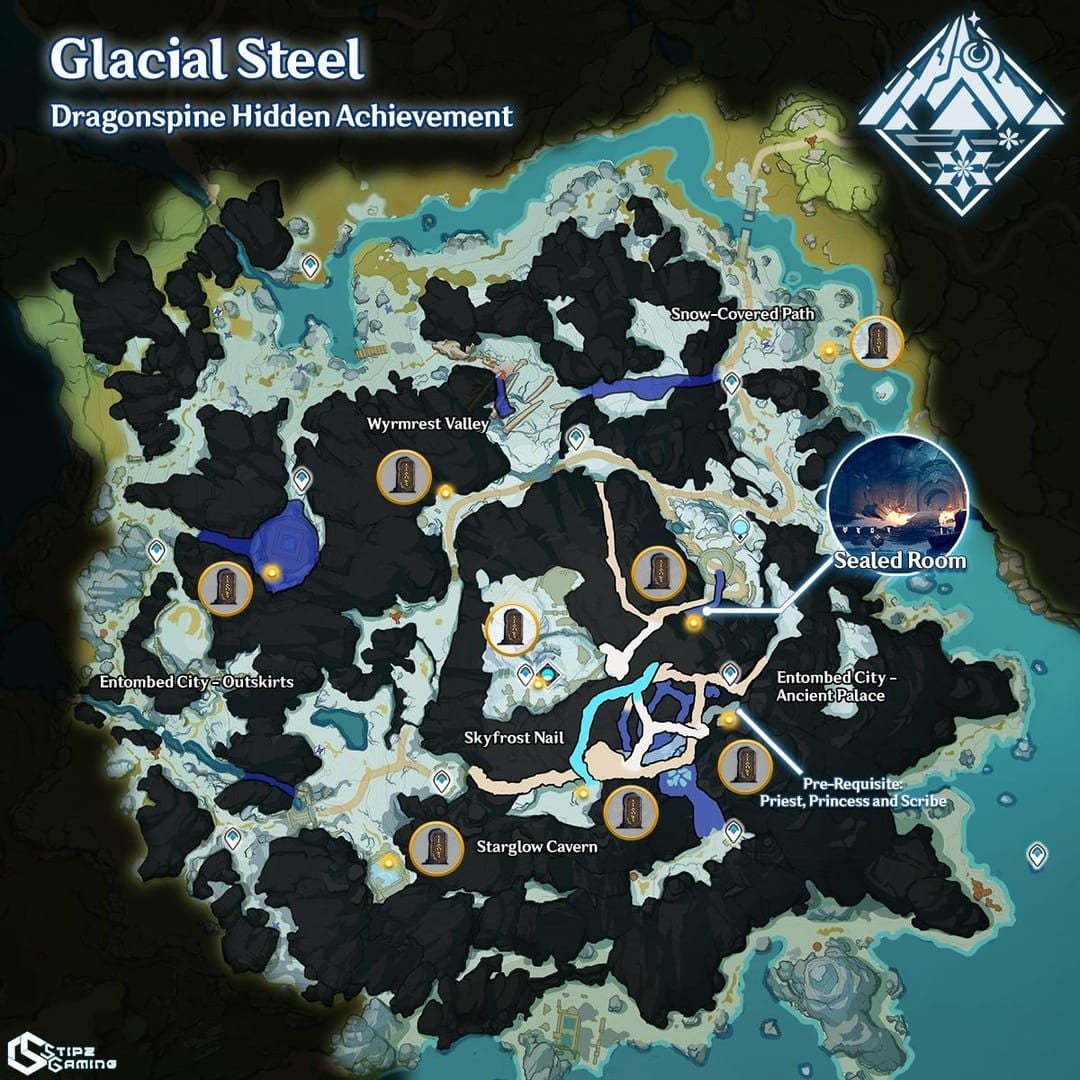 Genshin Impact Dragonspine map showing Moon-Prayer Night chest locations in southern lowlands, central peak, and northern summit