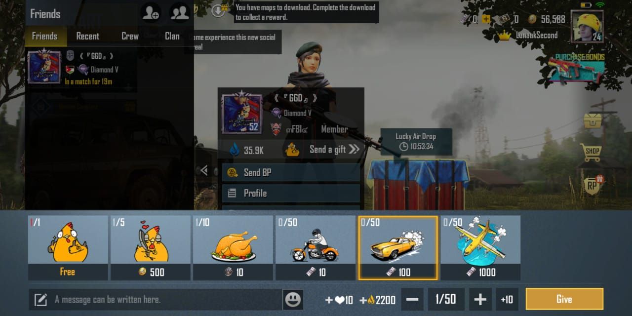 PUBG Mobile item shop showing gift box icon and friend selection for gifting items