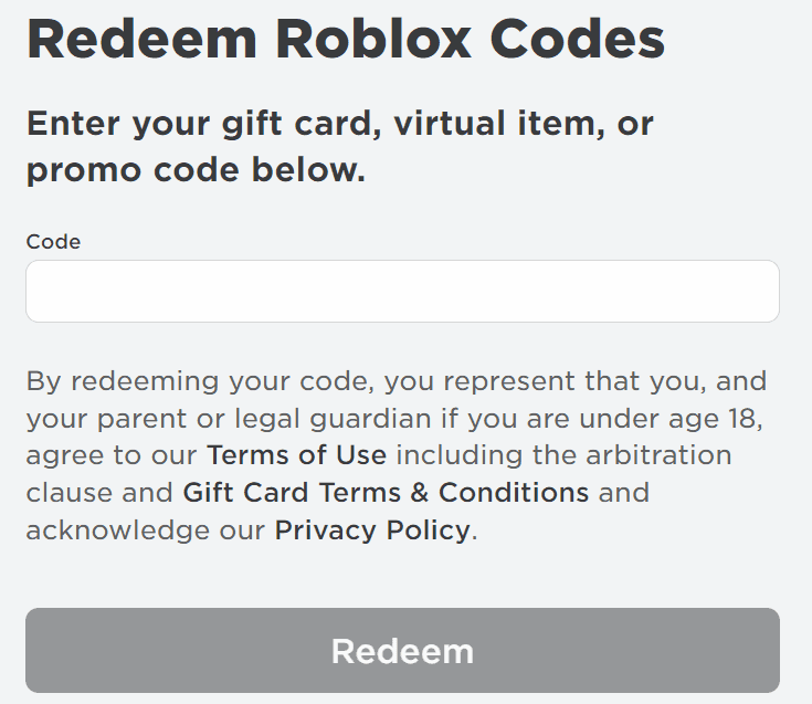 Roblox PC gift card redemption screen with denomination options