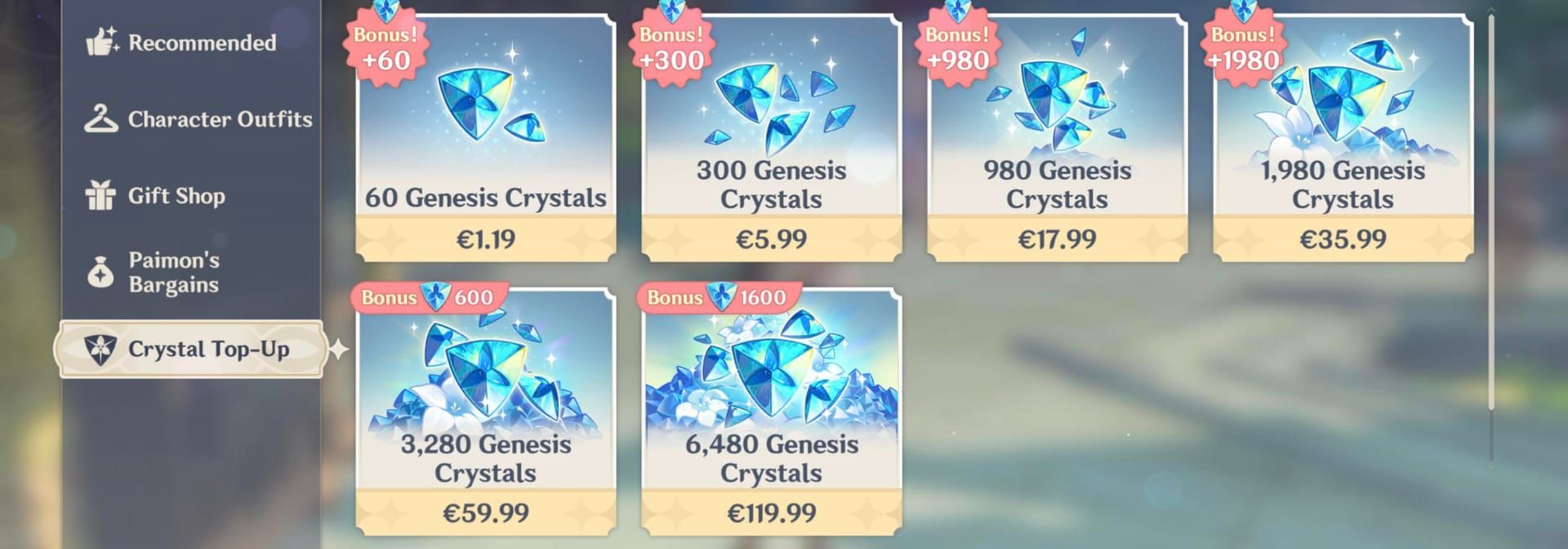 Genshin Impact official store interface displaying Genesis Crystal purchase options and pricing tiers