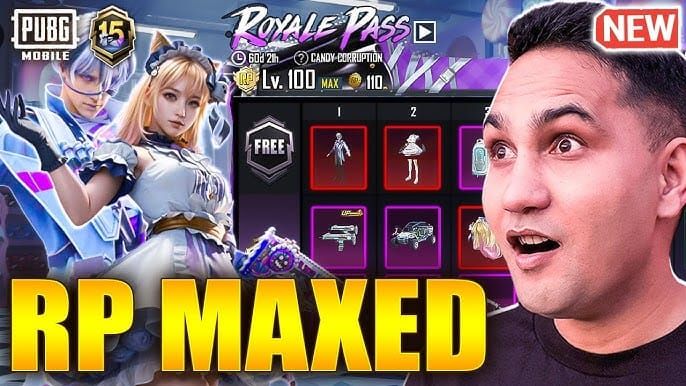 Интерфейс Royale Pass A15 в PUBG Mobile, показывающий награды в стиле Хэллоуина и уровни прогресса