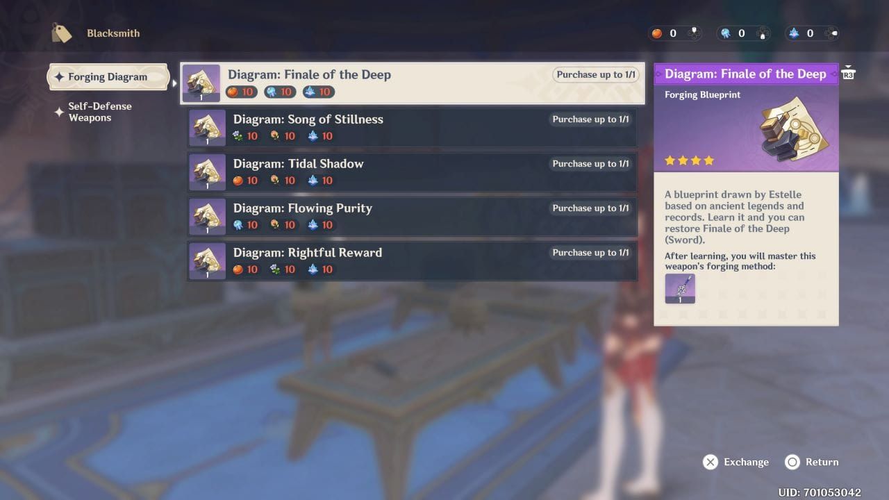 Fontaine weapon diagrams purchase interface in Genshin Impact