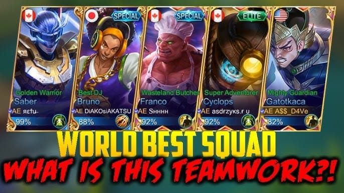 Командный состав Mobile Legends: Bang Bang, показывающий бюджетных героев, работающих вместе в бою