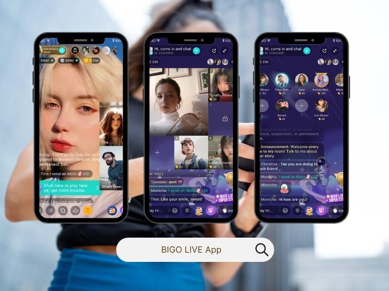 Интерфейс приложения BIGO Live, показывающий опции Guest Live, Multi-Guest Rooms и Private Live