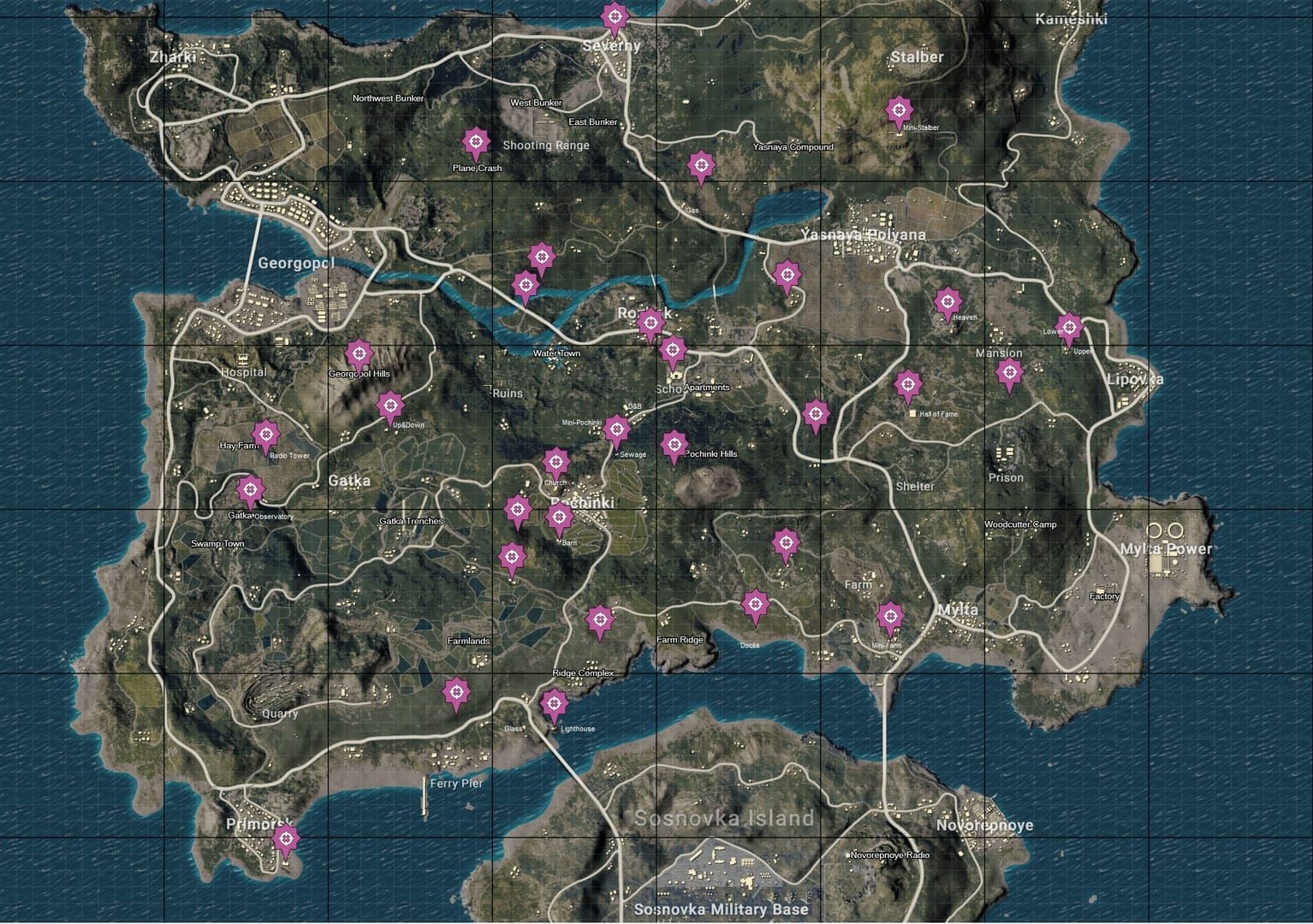 PUBG Mobile Erangel map showing Energy Berries spawn locations in Frosty Funland mode
