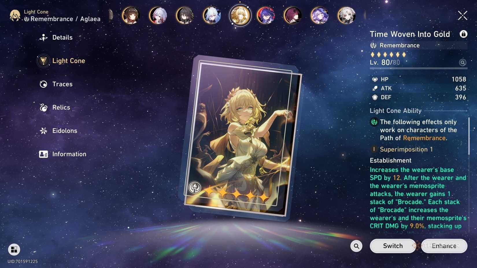 Aglaea character stats interface showing optimal F2P build with 70% CRIT Rate and 140% CRIT DMG