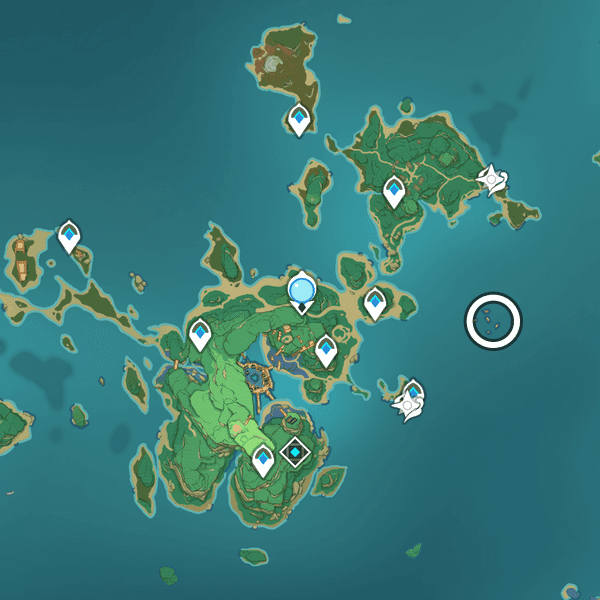 Genshin Impact map showing fishing spots in Tatarasuna area