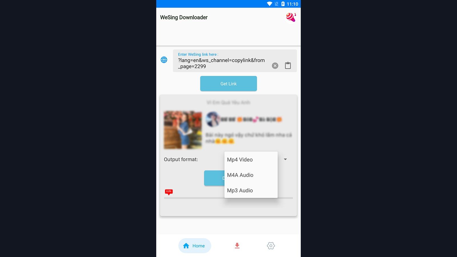 WeSing Downloader output format menu for Mp4 M4A and Mp3