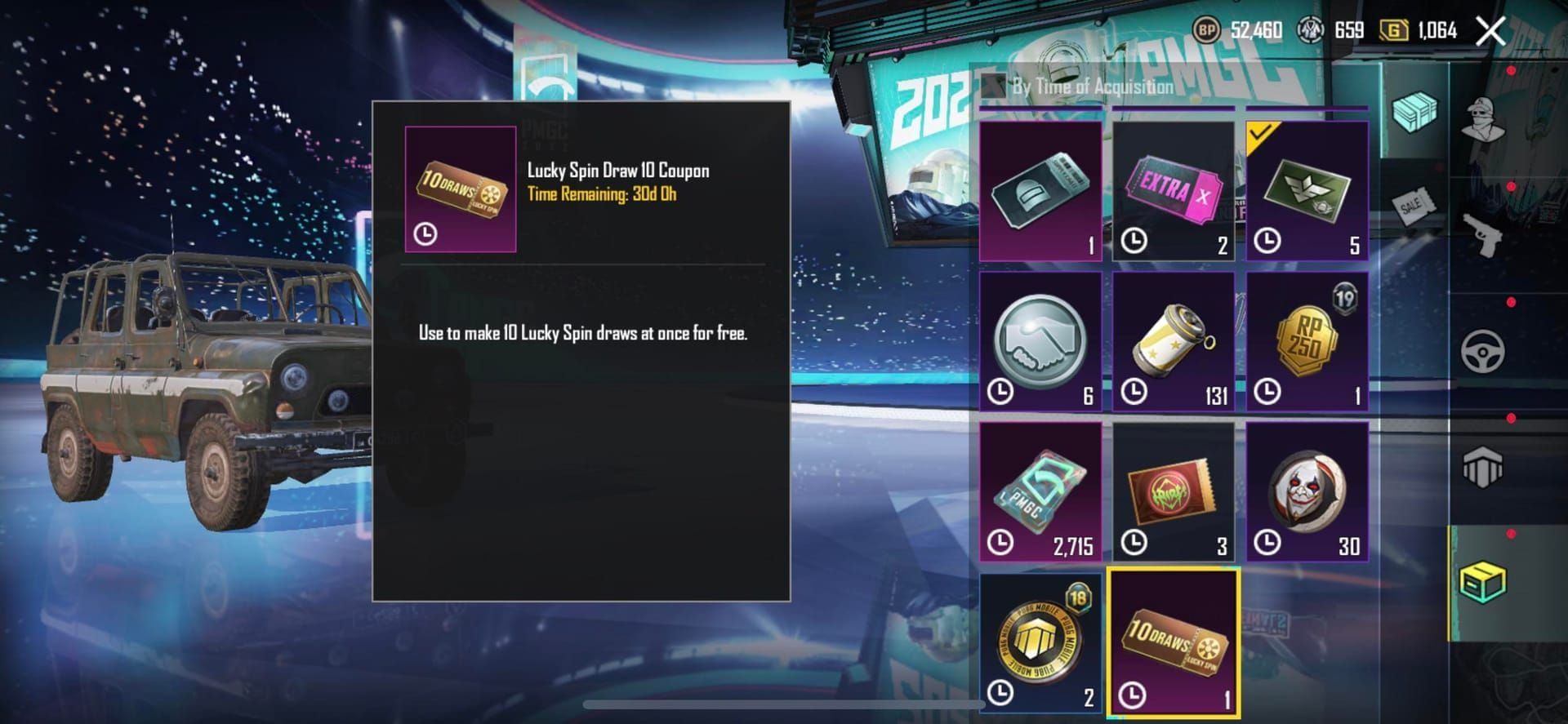 PUBG Mobile Balenciaga Lucky Spin event interface showing coin balance, spin buttons, and prize preview