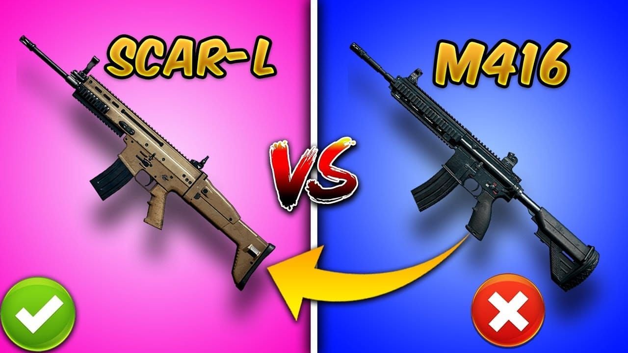 PUBG Mobile M416 vs SCAR-L weapon comparison showing statistics and visual differences