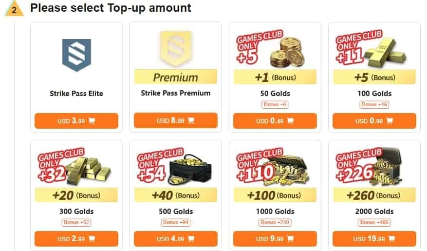 Comparison chart of Blood Strike Gold recharge packages with bonus percentages