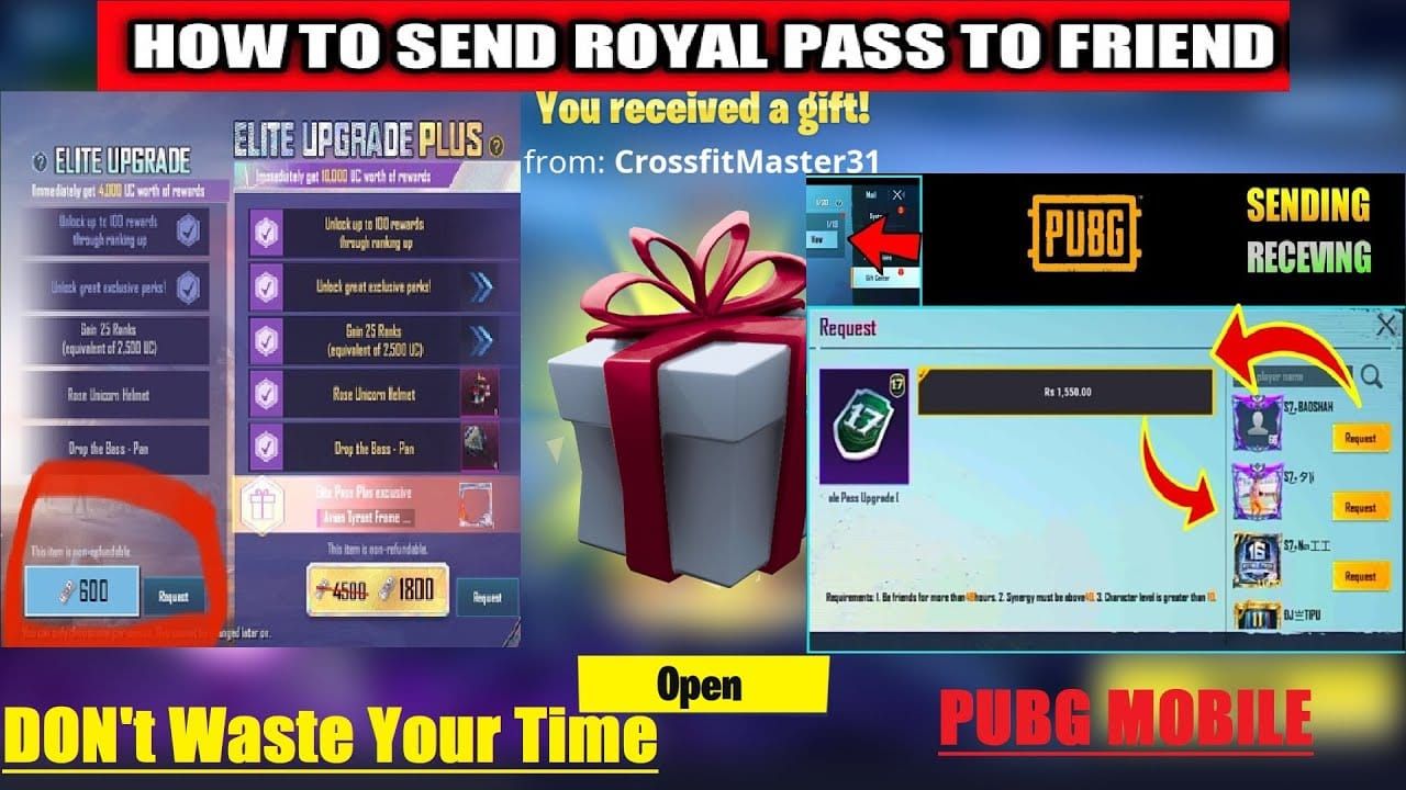 PUBG Mobile Royal Pass gifting options showing Elite and Elite Plus pricing