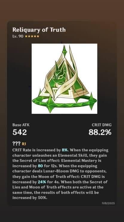 Reliquary of Truth weapon with detailed stats and passive effects shown