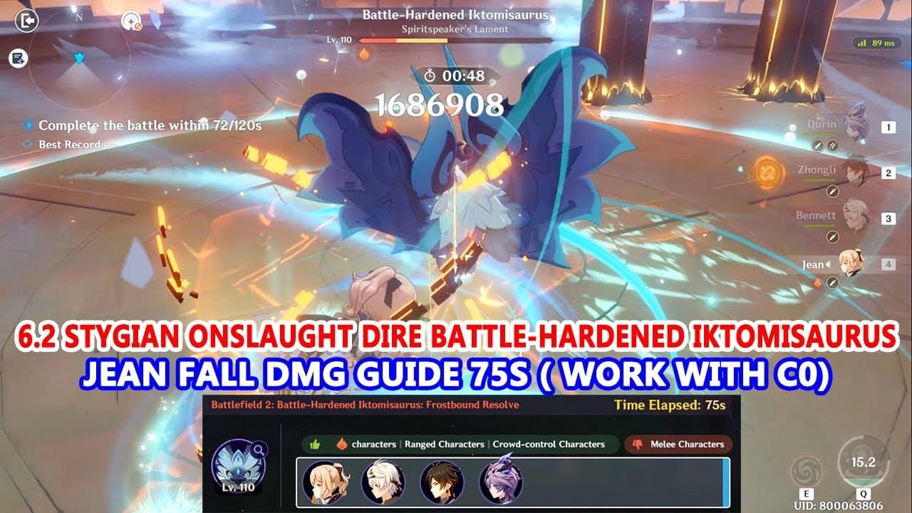Genshin Impact screenshot of Iktomisaurus Stygian boss pre-shield phase with levitation and blue particle cues