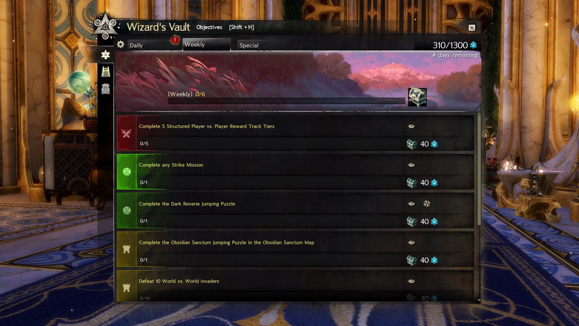 Интерфейс Wizards Vault в Guild Wars 2 с вариантами наград за Astral Acclaim