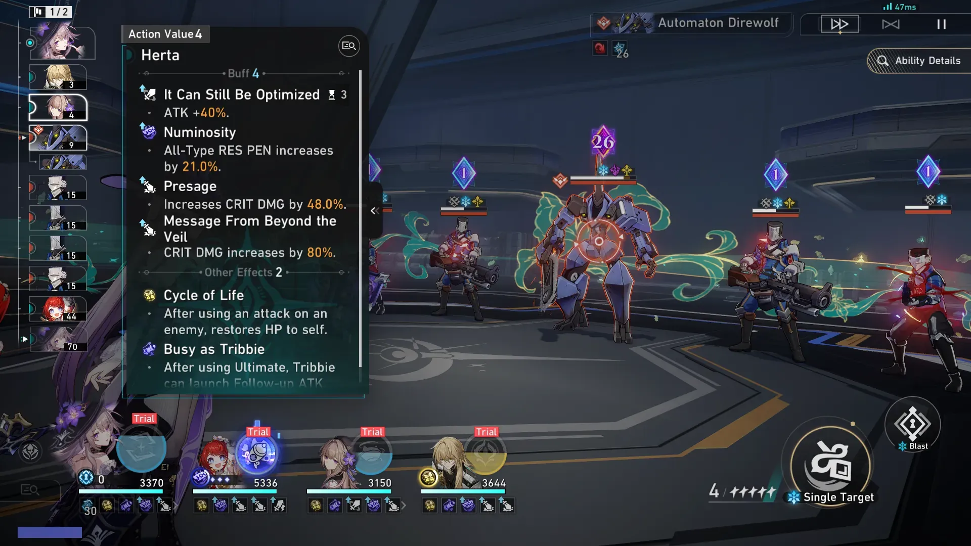 Honkai Star Rail combat interface showing Cyrene's technique and rotation mechanics