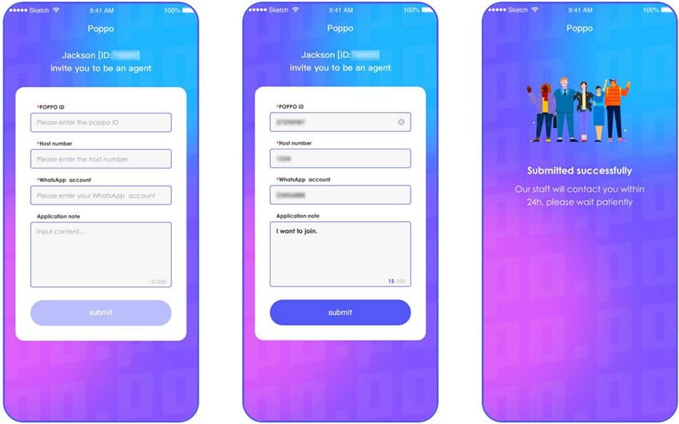 Poppo Live agent panel showing sub-agent invitation link generation feature