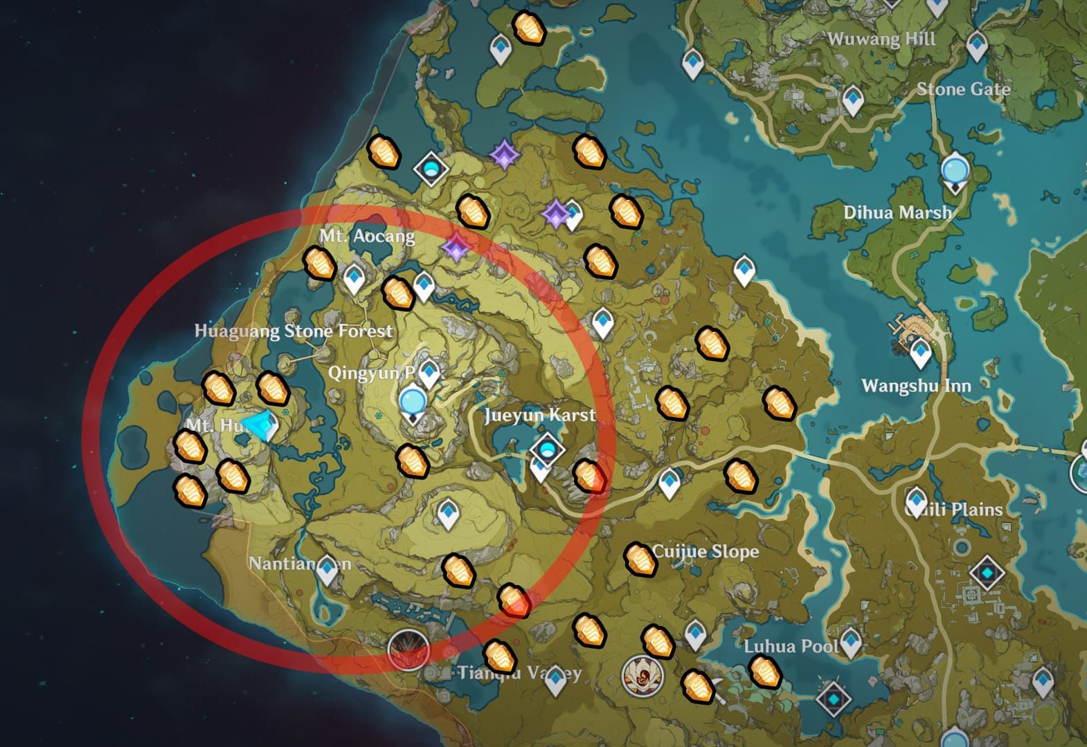 Genshin Impact map of Mt. Hulao showing Cor Lapis farming route and locations