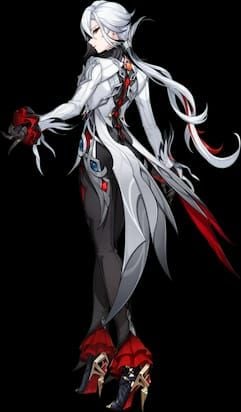 Official Genshin Impact Arlecchino character artwork showcasing her Pyro polearm design